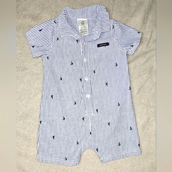 Nautica Blue and White Striped Romper with Sailboat Design Size 12 Months - Picture 1 of 4